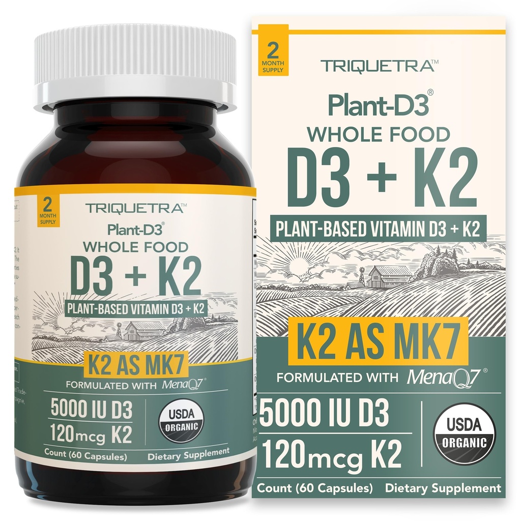 Organic Plant D3 + K2 5000 iu D3 + 120 mcg K2 som all-Trans MK7 fra MenaQ7® - 100% hele mat, rå og vegansk | Forbedret diasjon med prebiotiske og supermatkompleks – D3 fra organisk algae (60 count)