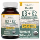 Organic Plant D3 + K2 5000 iu D3 + 120 mcg K2 som all-Trans MK7 fra MenaQ7® - 100% hele mat, rå og vegansk | Forbedret diasjon med prebiotiske og supermatkompleks – D3 fra organisk algae (60 count)