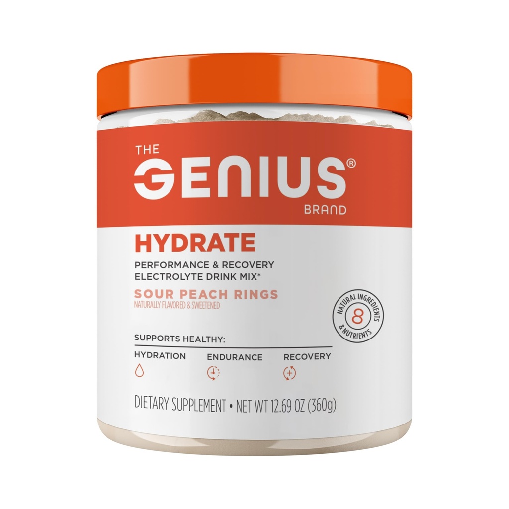 Genius-merket Genius Hydrate - Electrolyte Supplement for daglig hydrasjon - kokosvann - sukkerfri - 8 essensielle mineraler og næringsstoffer - ikke-GMO - Sour Peach Ringer - 50 serveringer