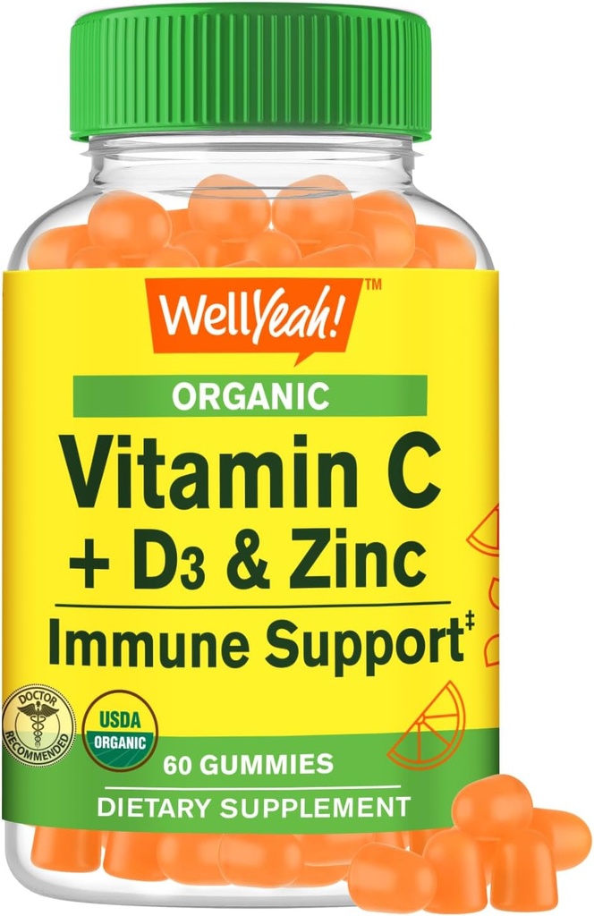 VelJa Økologisk Vitamin C + D3 + Zinc Gummies - Immun Boosting, Antioksidant-Rich, og Bein Helse Støtter, USDA Organic, Vegan og ikke-GMO - Glutenfri, Nut-Free Gummy - 60 Telling