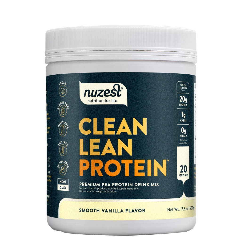 Nuzest - Pea Protein Powder - Rent Lean Protein, Premium Vegansk Plant Basert, Dairy Free, Glutenfri, GMO Free, Naturlig søtet Protein Shake, Smooth Vanilla, 20 Serveringer, 1,1 lb