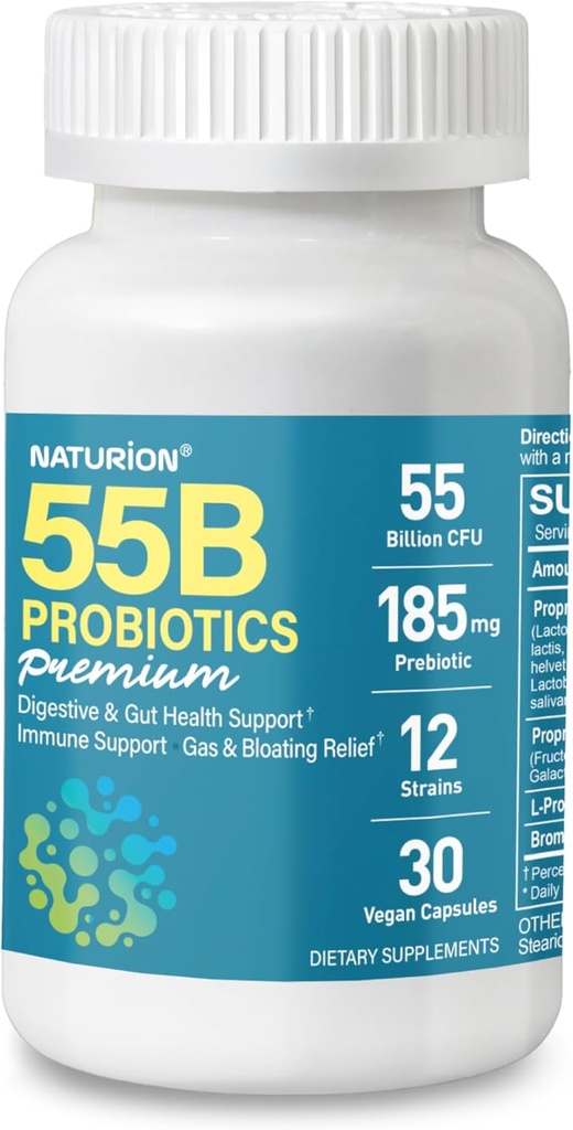 55B Probiotika Premium - 55 milliarder CFU, 12 Strains, 185mg Prebiotic - Immunstøtte, Digestiv og Gut Helse - Støtter Avslappende galakse, Gas & Bloating - 30 Vegankapsler, 30 dagers forsyning