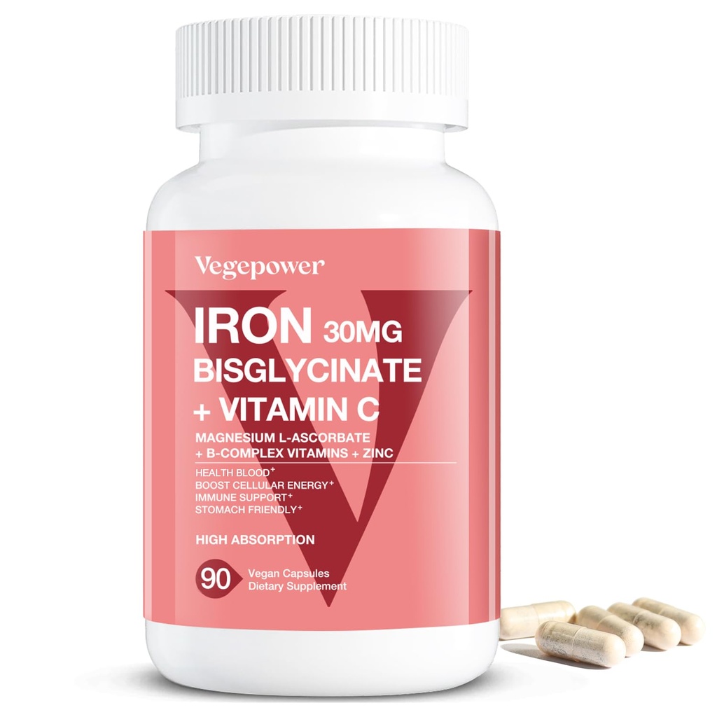 Jern Supplements for kvinner menn, Vegansk jern bisglyonat 30mg Plus Vitamin C, B12, Folsyre - Jernpiller for anemi, helseblod og energi støtte - Gentle, høy absorpsjon, ikke-GMO - 90 kapsler