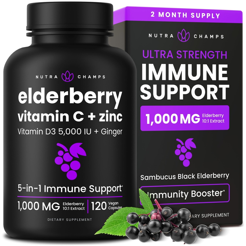 NutraChamps Elderberry med vitamin C og sink - 5 i 1 immunitet Supplement, 10 000mg Sambucus Black Elderberry Kapsler med vitamin D3 5000 IU, Sambucus Elderberry Extract Immun støtte for voksne