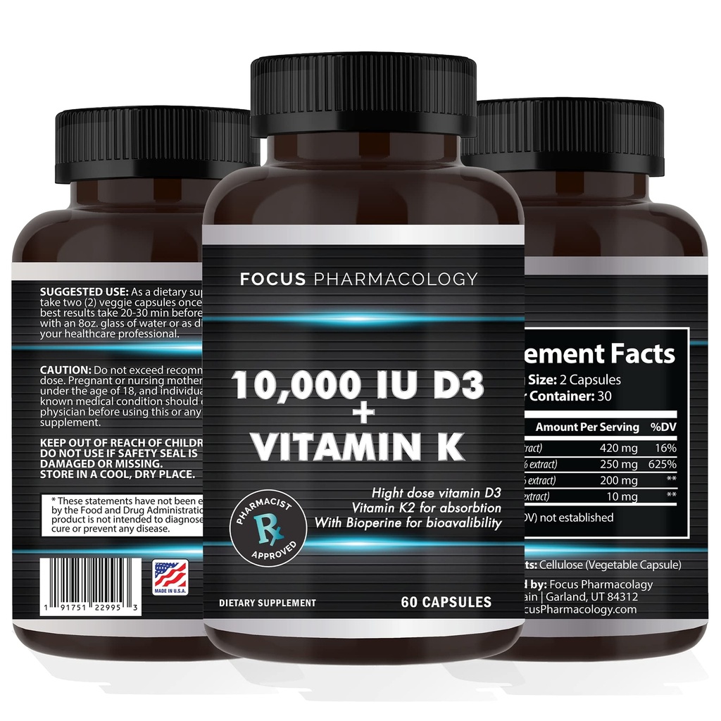 Vitamin K2 med D3 Ekstra styrke Supplement Bone | Hjerte Helse Ikke-GMO Formel 10.000 IU vitamin D3 & 200 mcg vitamin K2 (MK7) | Lett å svelge vitamin K & D, 60 kapsler