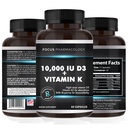 Vitamin K2 med D3 Ekstra styrke Supplement Bone | Hjerte Helse Ikke-GMO Formel 10.000 IU vitamin D3 & 200 mcg vitamin K2 (MK7) | Lett å svelge vitamin K & D, 60 kapsler