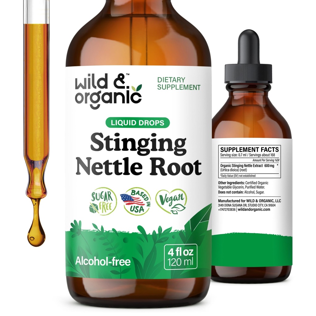 Wild & Organic Stinging Nettle Tinktur - Stinging Nettle Root Extract drops for menn og kvinner - Flytende Urtica Dioica Supplement - Vegansk, Sukker og alkohol-fri - 4 fl oz
