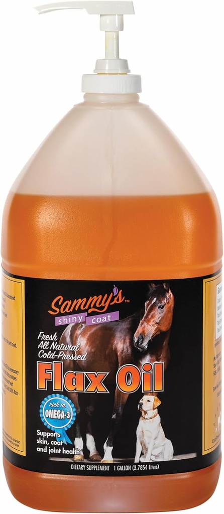 Sammys skinnende Coat Flax Olje for hester, ren Flaxfrøolje for hest, rik på Omega-3 fettsyrer, Flax olje Hest Supplement for hud og kjøtt, Immune, Cardio og felles støtte, 1 Gallon med gratis pumpe