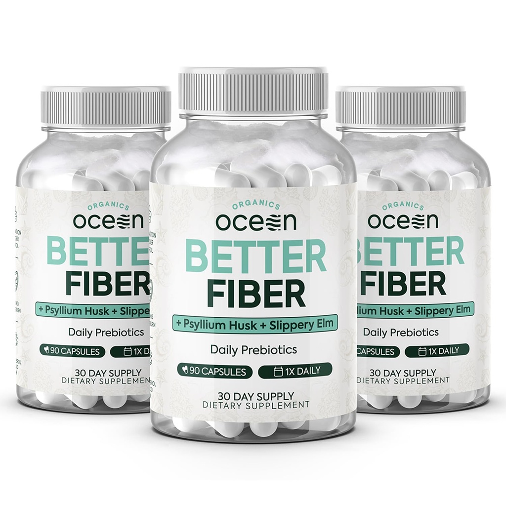Organics Ocean bedre fiber - daglig fiber Supplement - Soften Stool for innsatsløse Bowell bevegelser - med Psyllium Hulk og Slippery Elm - 3 flasker