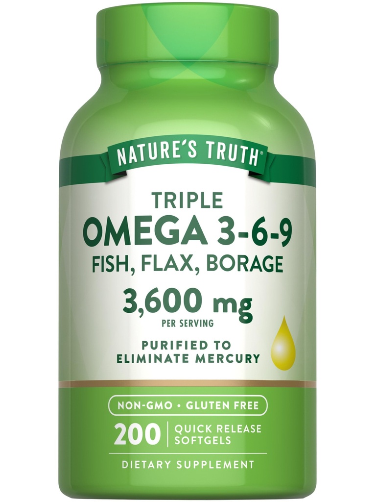 Naturens sannhet Triple Omega 3 6 9 | 3600mg | 200 Softgels | Fisk, Flax og Borage Olier | Ikke-GMO & Glutenfri Supplement
