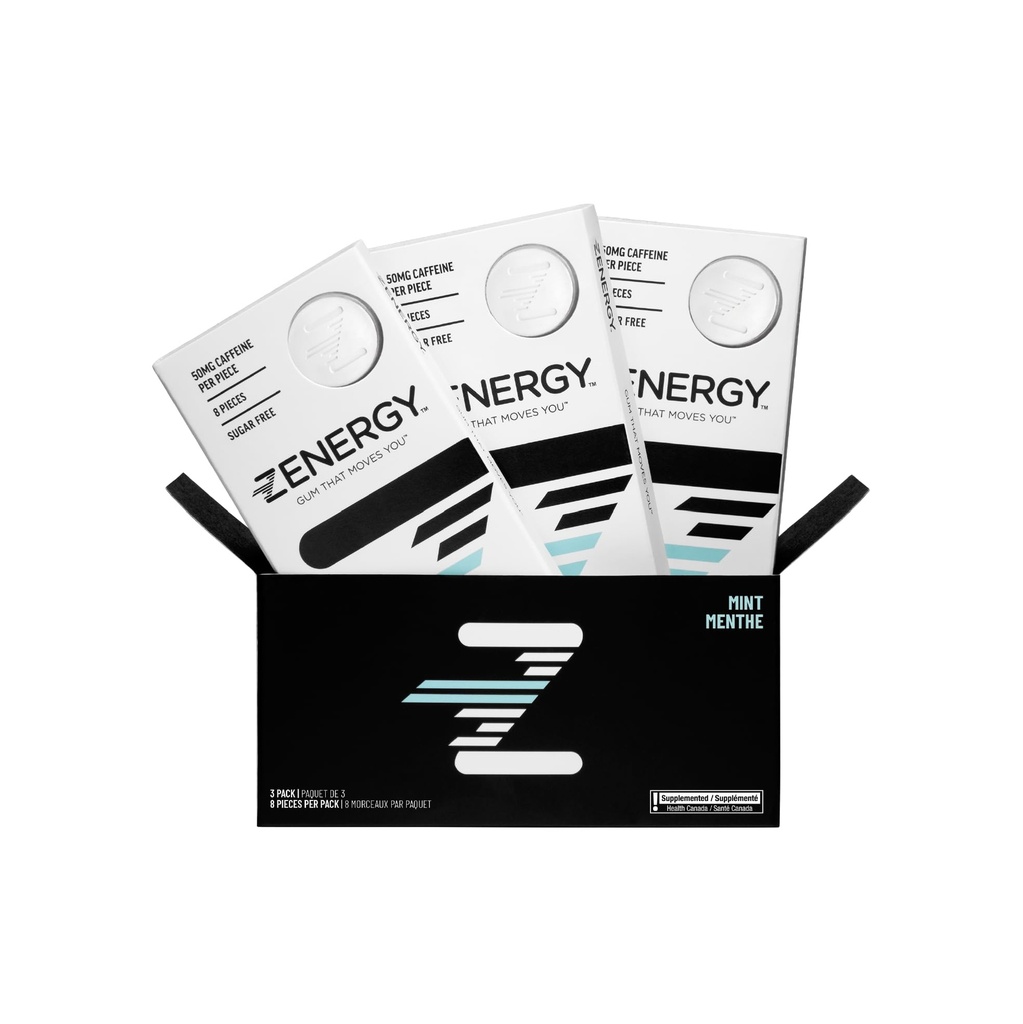 ZENERGY Energi Gum - Mint Flavor ® 50mg Koffein + 35% B6 og 45% B12 Vitamin ® Vegan, 0 Sukker, 0 Kalorier, 0 Gluten, 0 Aspartam, Ikke-GMO, Øyeblikklig handling ® 3 Pack = 24