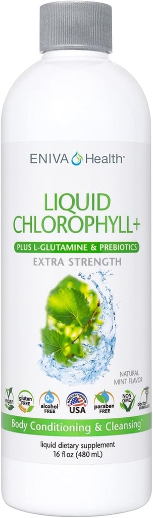 Eniva Helsevæske Klorofyll Super Greens ® 24K MG med Prebiotisk & L-Glutamine | Mint Flavor | Hud, Immunitet, Energi, Detox, Gut Helse | Vegansk, Gluten & alkohol-fri | 48 Serveringer ® USA