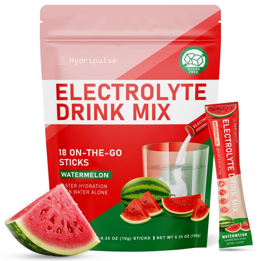 Elektrolytter pulver pakker - sukkerfri, naturlig flavorert, 10 elektrolyte og vitaminer elektrolyte drikk blanding - vannmelon flavors, keto vennlige, vegansk, ikke-GMO, 18 pakker