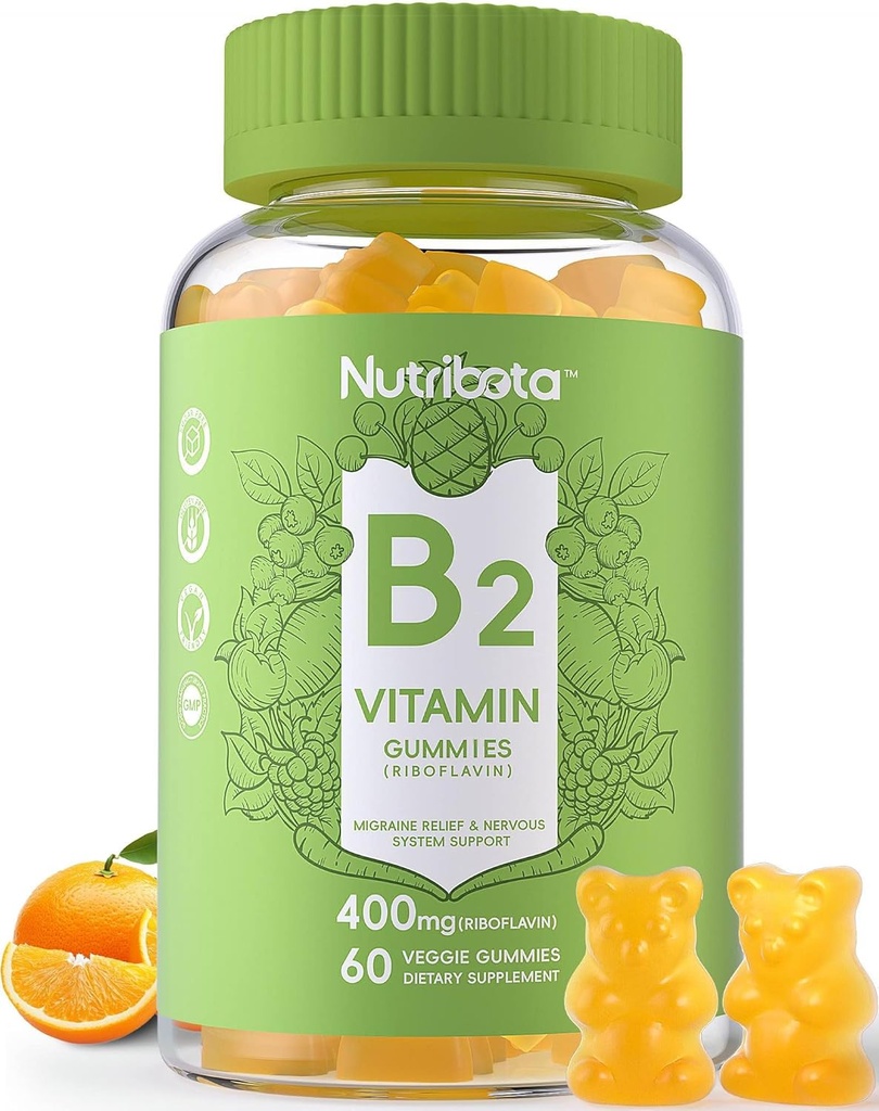 Sukker Gratis vitamin B2 Gummies- Riboflavin 400 mg 200 mg med magnesium, CoQ10 for voksne og barn, Vegan, 60 greve
