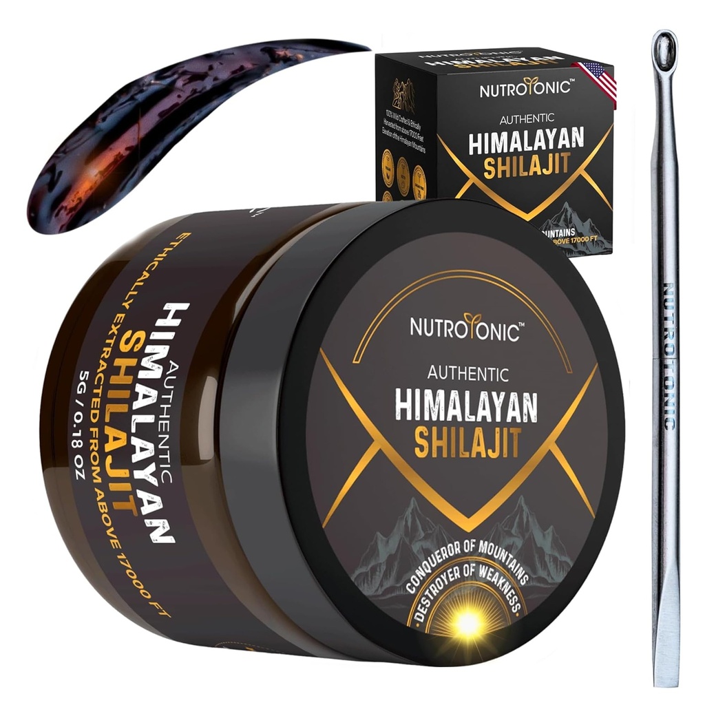 NutroTonic® Autentiske Himalayan Shilajit Resin for menn og kvinner - Gullgrad 86% Fulvic Acid - Wild Crafted + 17000 FT - 40x Nano Filtrert og soltørket - 3rd Party Lab Testet - 5g Jar
