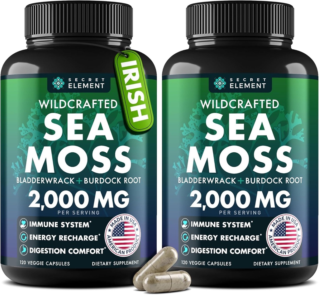 Sea Moss Capsules - Irsk hav Moss Avansert med Burdock Root, Bladerwrack & Muira Puama for immunisme, Gut, & energi - Superfood Sea Moss Supplements w/Raw Sea Moss Powder (2 Pack)