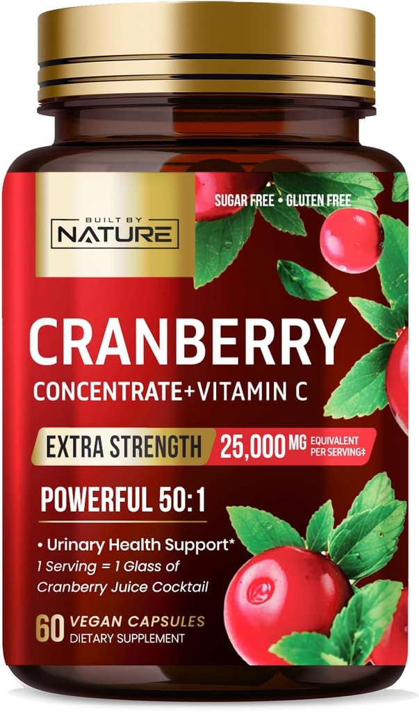 Bygget av Nature Cranberry Pills 25 000mg - Ekstra styrke 50:1 Konsentrat Ekstrakt med C-vitamin - Urine Tract Health Supplement for kvinner - Ikke-GMO, Sukkerfri, Vegan - 60 Kapsler