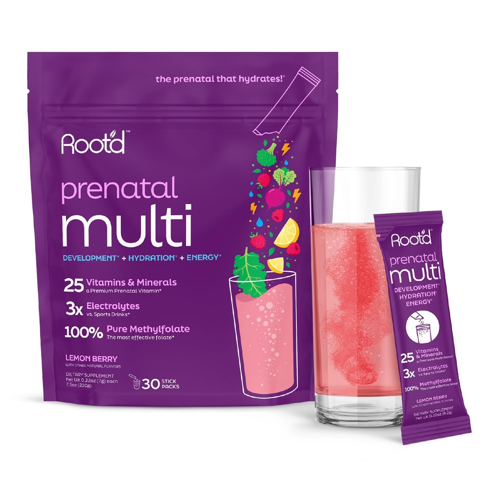 Root'd Prenatal Multivitamin pulver - 25 vitaminer og mineraler med 3x elektrolytter, folat, jern, D3 for mamma og baby, 7 Superfood & probiotika, sukkerfrie vitaminer og Hydration ® 30 vitamin drikke pakker