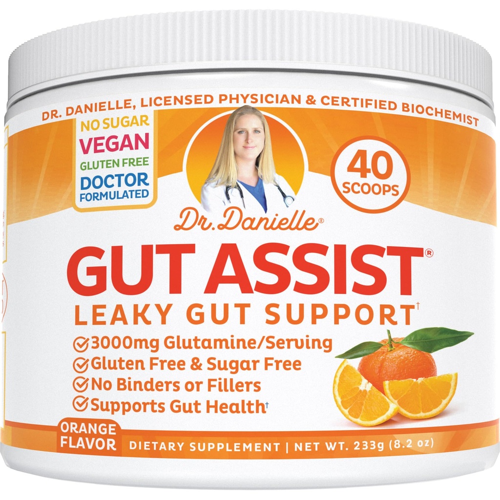 Laaky Gut støtte pulver | L-Glutamine Gut Lining formel | Gut assist av Dr. Danielle, Orange Flavor
