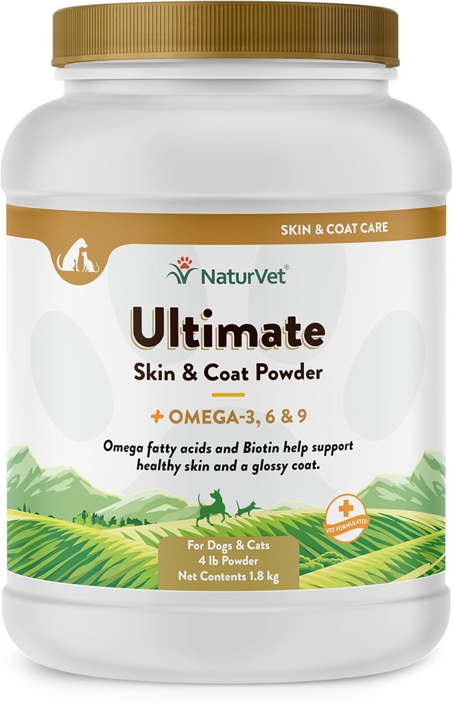 NaturVet Ultimate Skin & Coat Powder Kjæledyr Supplement for hunder og katter - Inkluderer Omega 3, 6, 9, Biotin, vitaminer - For Sunn Hunde Frakker, Katt Hud - Tastig Food Topper for Kjæledyr - 4 lbs.