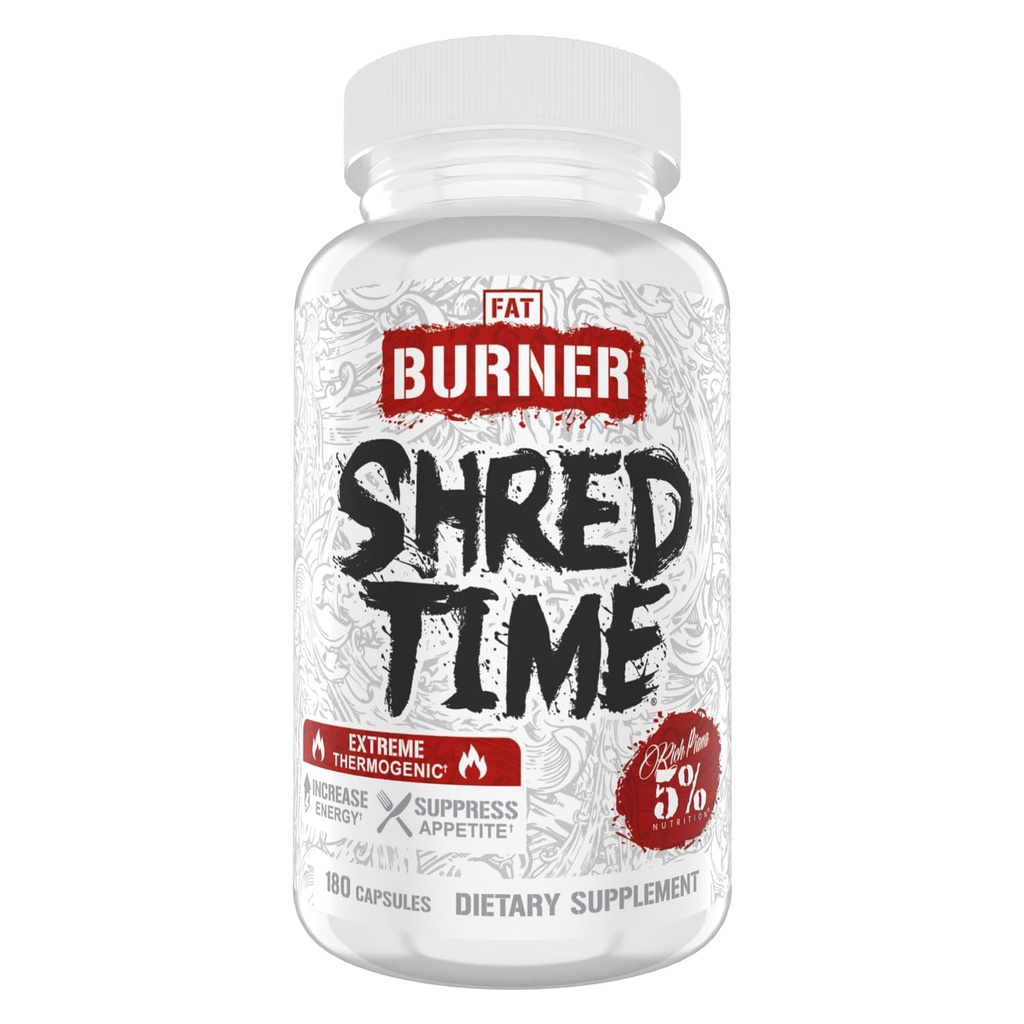 5% Ernæring Shred Time fettforbrenner | Grønn Te, Kaffebønner, Cayenne, Teobromin, GBB | Appetitt Supresjon | 30 Serveringer (180 kapsler)