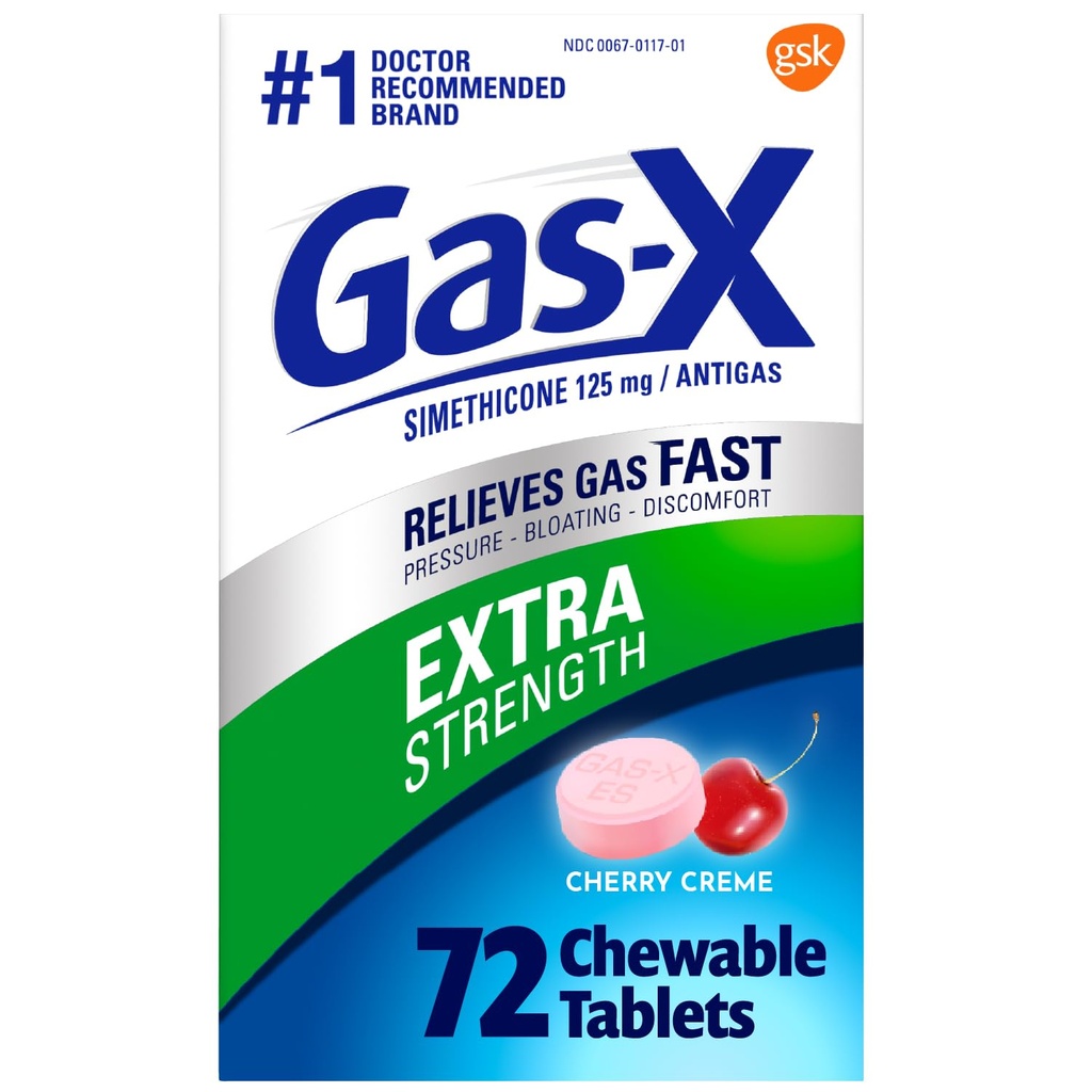 Gass-X ekstra styrke Chewable gass relief tabletter med simetikon 125 mg for blooting relief, Cherry - 72 greve