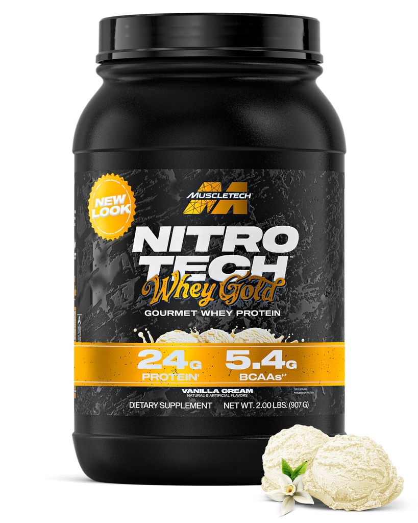 MuscleTech Whey Protein Powder (Vanilla Creme, 2LB) - Nitro-Tech Whey Protein Isolate Smoothie Mix for Lean Muscle & Recovery - 24g Whey Gold for kvinner og menn - Emballasje May Vary