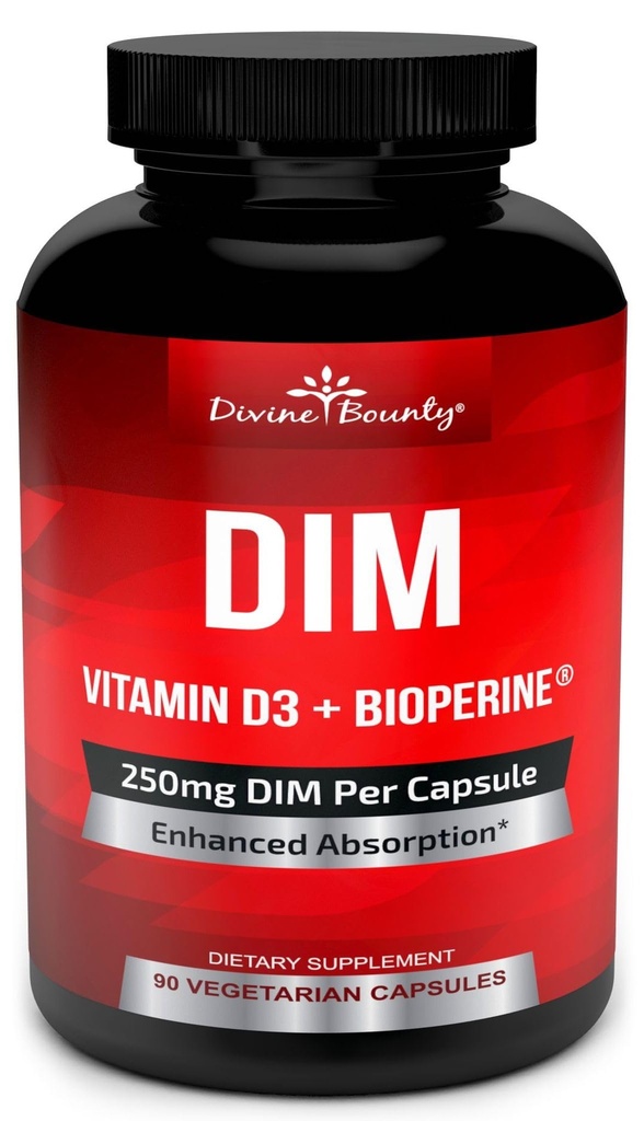 DIM Supplement 250mg med vitamin D3 Plus BioPerine - Diindolylmetan Menopause og østrogen støtte, hormonbalanse støtte for kvinner og menn - 90 vegetariske Caps