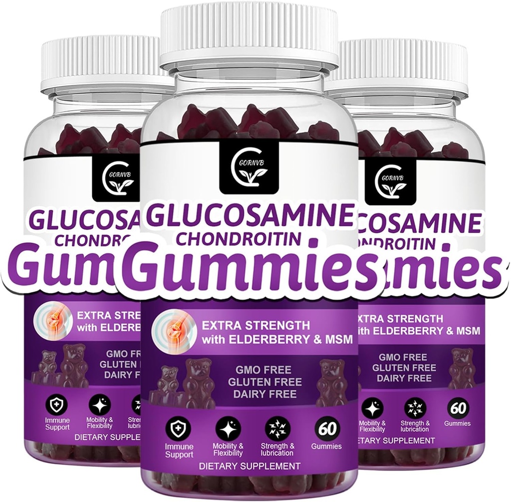 Glucosamine Chondroitin Gummies med MSM & Elderberry – Ekstra styrke mobilitet og fleksibilitet støtte, antioksidant immuntilskudd for voksne, menn og kvinner - 60 Chondroitin Gummies (3 Pack)