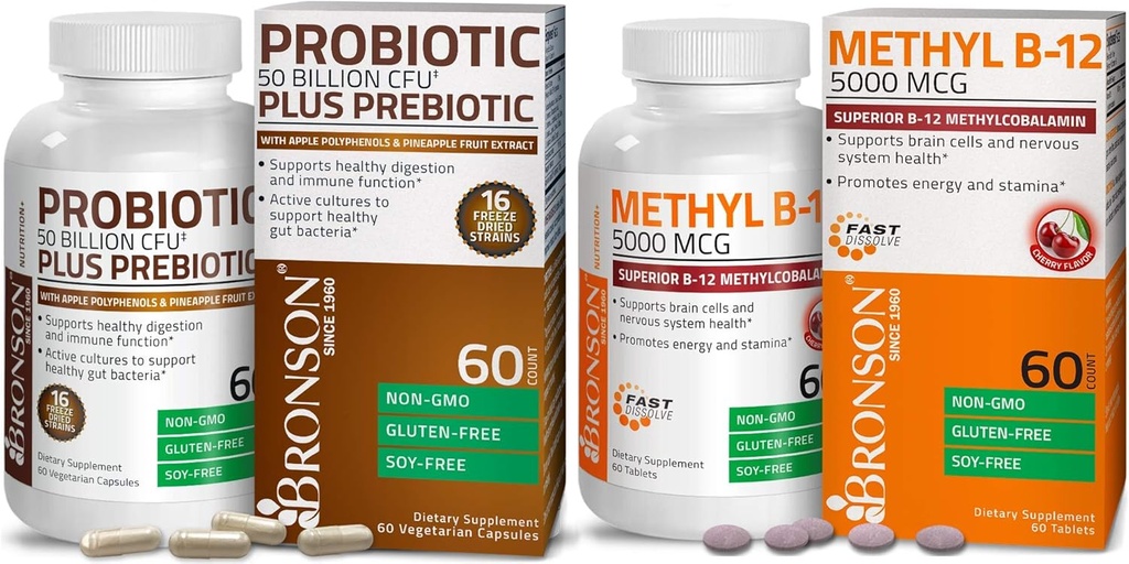 Bronson Probiotic 50 milliarder CFU + Prebiotic with Apple Polyphenols & Pineapple Frukt Ekstrakt + Metyl B12 5000mg Vitamin B12 Methylcobalamin