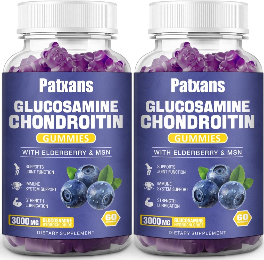 2 Pakker 3000MG Glucosamin Chondroitin Gummies - Ekstra styrke felles helse og MSM Elderbær Naturlig felles støtte Supplement, Fleksibilitet, Antioksidant immunstøtte for voksne, 120 Gummies.