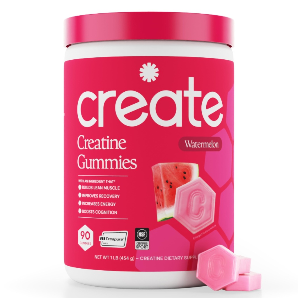 Opprett Kreatin Monohydrat Gummier for menn og kvinner - Økt fokus, styrke og utholdenhet, Anti-Melting formel, Vegan, Glutenfri, Ikke-GMO, 1,5 gram kreatin per gummy (Watermelon, 90 ct)