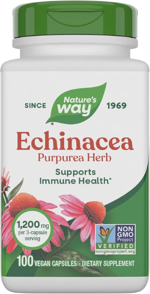 Naturens måte Echinacea Purpurea Urt, immunstøtte Supplement *, 1200 mg per 3-kapsle servering, ikke-GMO-prosjekt verifisert, Vegan, 100 kapsler (pakke mai Vary)