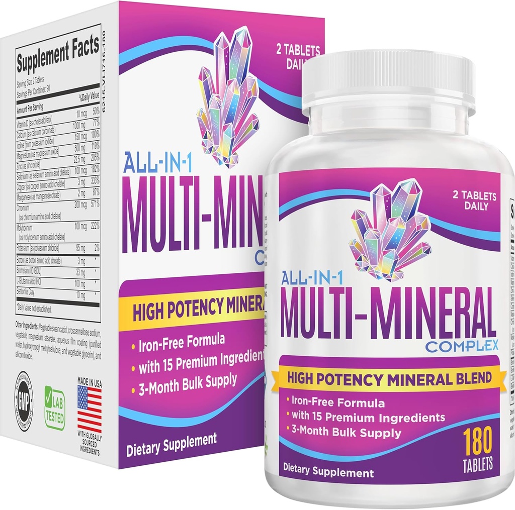 Alt-i-1 Multimineral Supplement Blanding (Iron Free Formula) Multimineraler | Spor Mineraler | Høy-Potens Multi Mineral Supplements | Mineral Kompleks | 90-dagers bulkforsyning | 180 tabletter