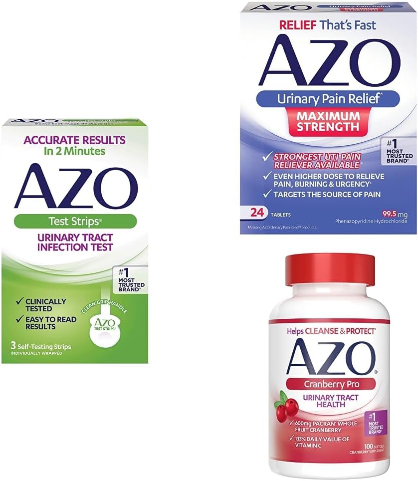 AZO UTI Smerte Relief Bundle – AZO UTI Test Strips 3ct, AZO Urine smerte lindring Max styrke 24ct, AZO Cranberry Pro Supplement 100ct