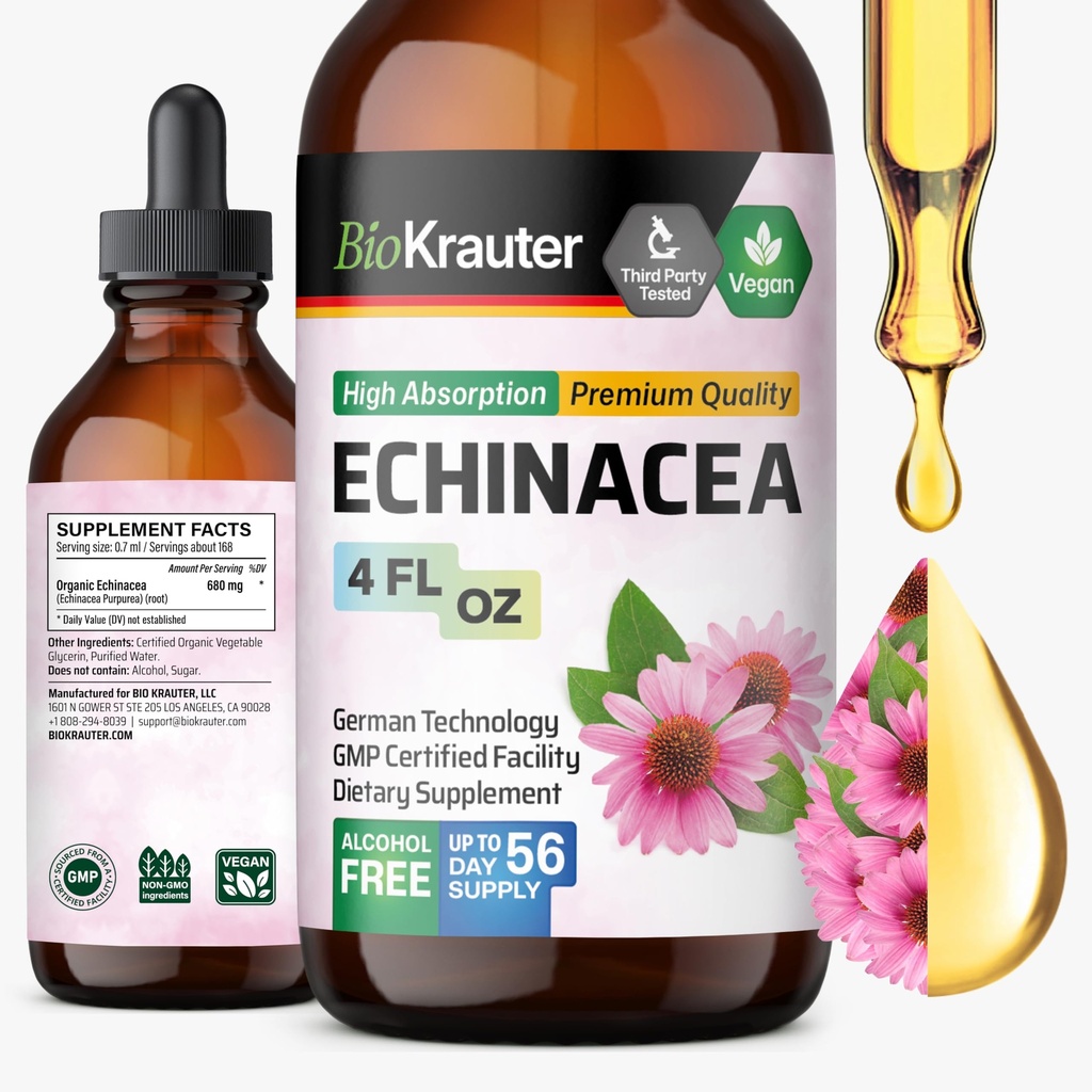BIO KRAUTER Echinacea Drops - Naturlig immunstøtte - Echinacea Tinktur Supplement - Vegan, alkohol og sukker gratis dråper - 4 Fl.Oz.