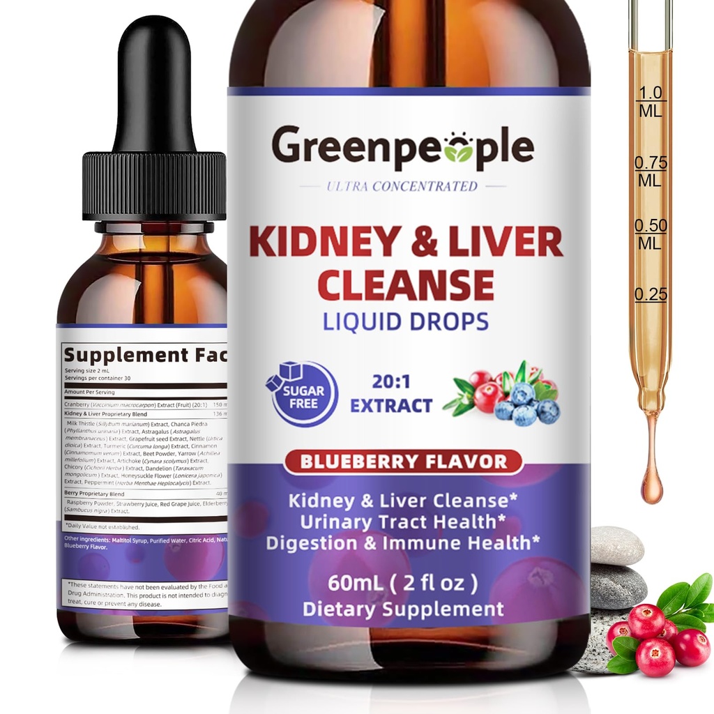 GREENPEOPLE Kidney Cleanse Detox & Repair - 27-In-1 Kidney & Liver Drops with 20:1 Cranberry Extract & Chanca Piedra, Alcohol-Free Supplement for Urinary Tract & Liver Support (2 Oz 1 Pack, Blueberry)