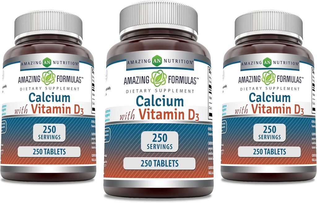 Amazing Formler Kalsium med vitamin D3 Supplement | Tabletter | Non-GMO | Glutenfri | laget i USA (3 Pack, 250 Count)