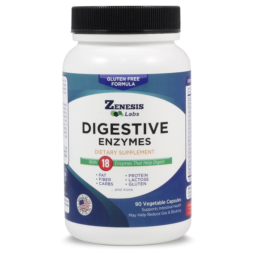 Zenesis Labs Digestive Enzymes - med Amylase, Bromelain, Protease, Lipase, & 14 Andre Enzymes - 90 Kapsler