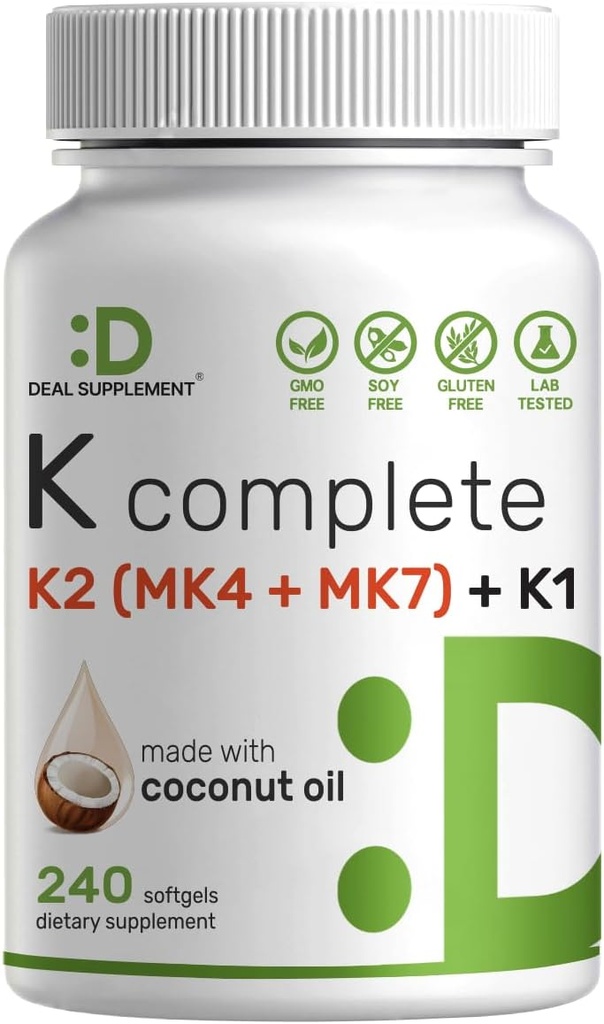 DEAL Supplerende Vitamin K Komplett - 240 Kokosolje Softgels | høy styrke vitamin K2 (MK-7 og MK-4) & K1 | Full Spectrum Triple Vitamin K | Bone, Joint, & Immun Support – Ikke-GMO