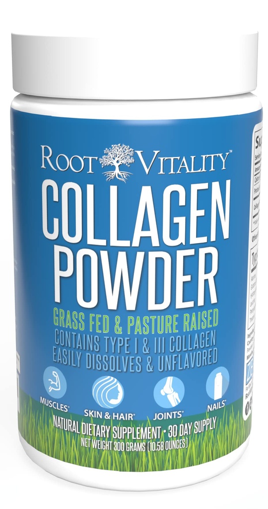 Root Vitality Collagen Peptides pulver - Grass-Fed, Pastur-Raised Hydrolysert Protein Supplement for hud, hår, & negler - Ikke-GMO, Null sukker daglig Supplement for menn og kvinner (30 serveringer)