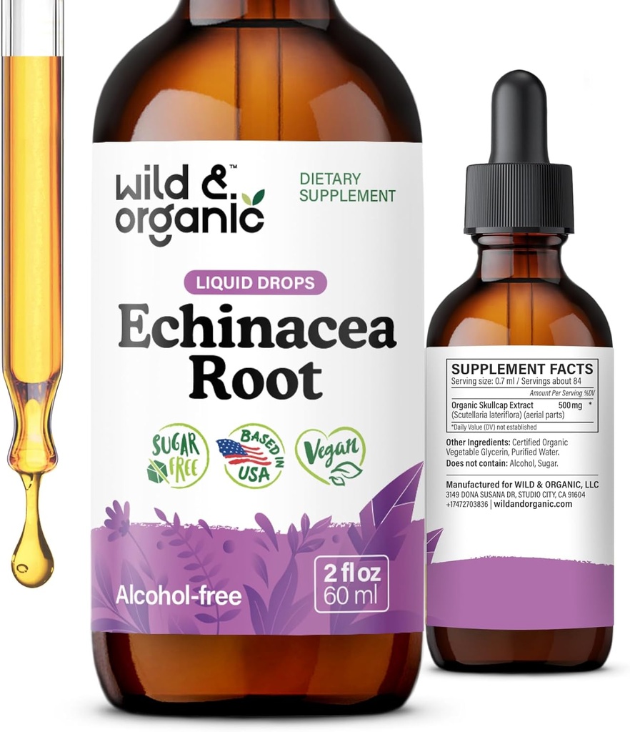 Wild & Organic Echinacea Tinktur - immunstøtte faller med flytende Echinacea Root Extract - Angustifolia Kosttilskudd - Vegansk, Sukker & alkohol-fri - 2 fl oz