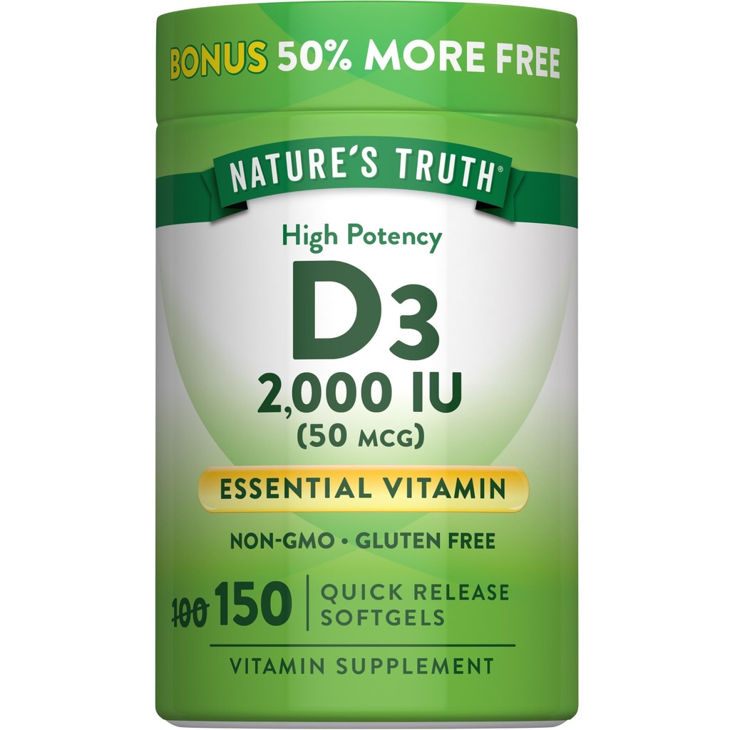 Naturens sannhet vitamin D3 2000 IU Softgels for voksne | 150 greve | høy styrke | Ikke-GMO og Glutenfri Supplement