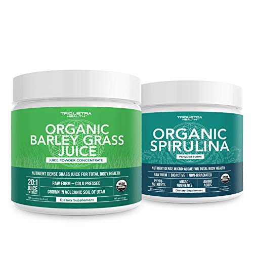 Triquetra helse organisk spirulina pulver 8 oz. Pluss Organic Barley Grass Juice pulver 5.3 oz.
