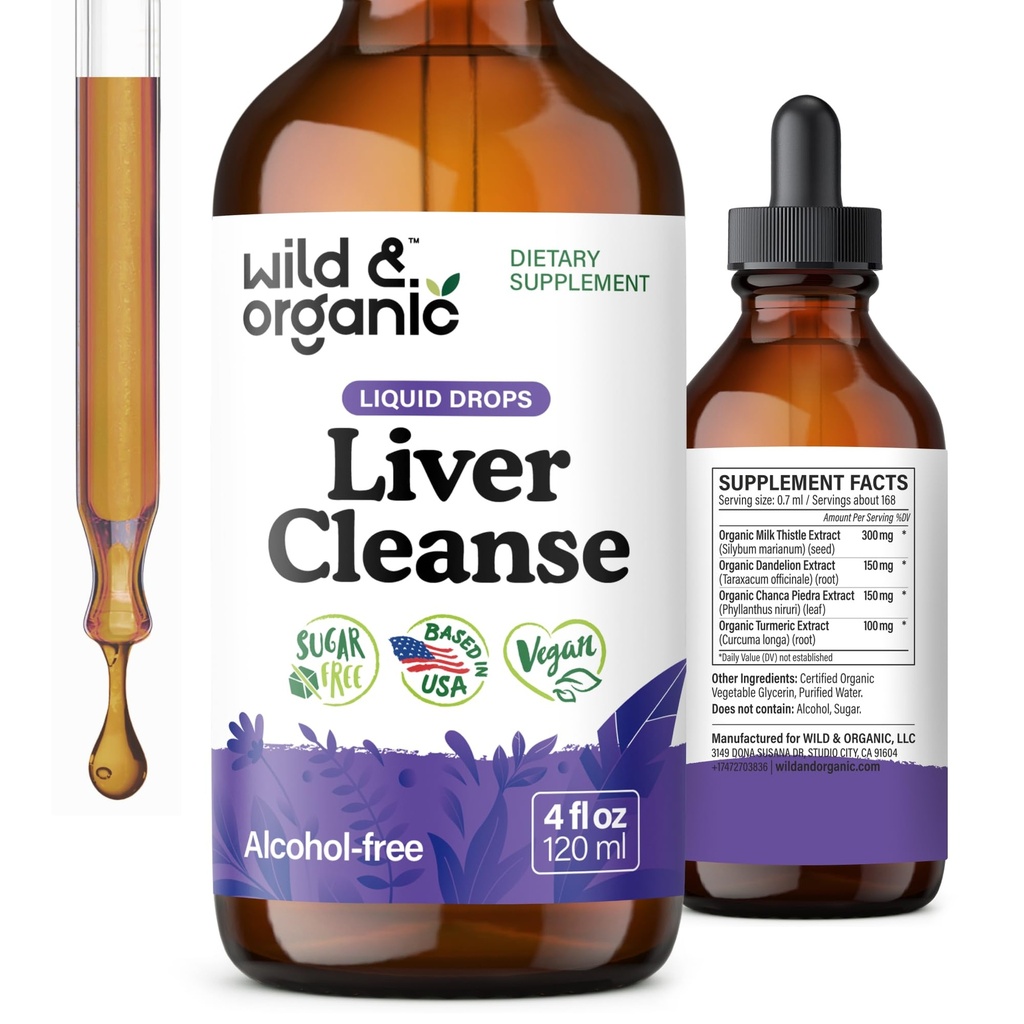Wild & Organic Liver Cleanse Detox Tinktur - Melk Thistle, Dandelion Root Herbal Complex - Flytende Liver Support Supplement - Vegan, Sukker & alkoholfri Melke Thistle Drops - 4 fl oz
