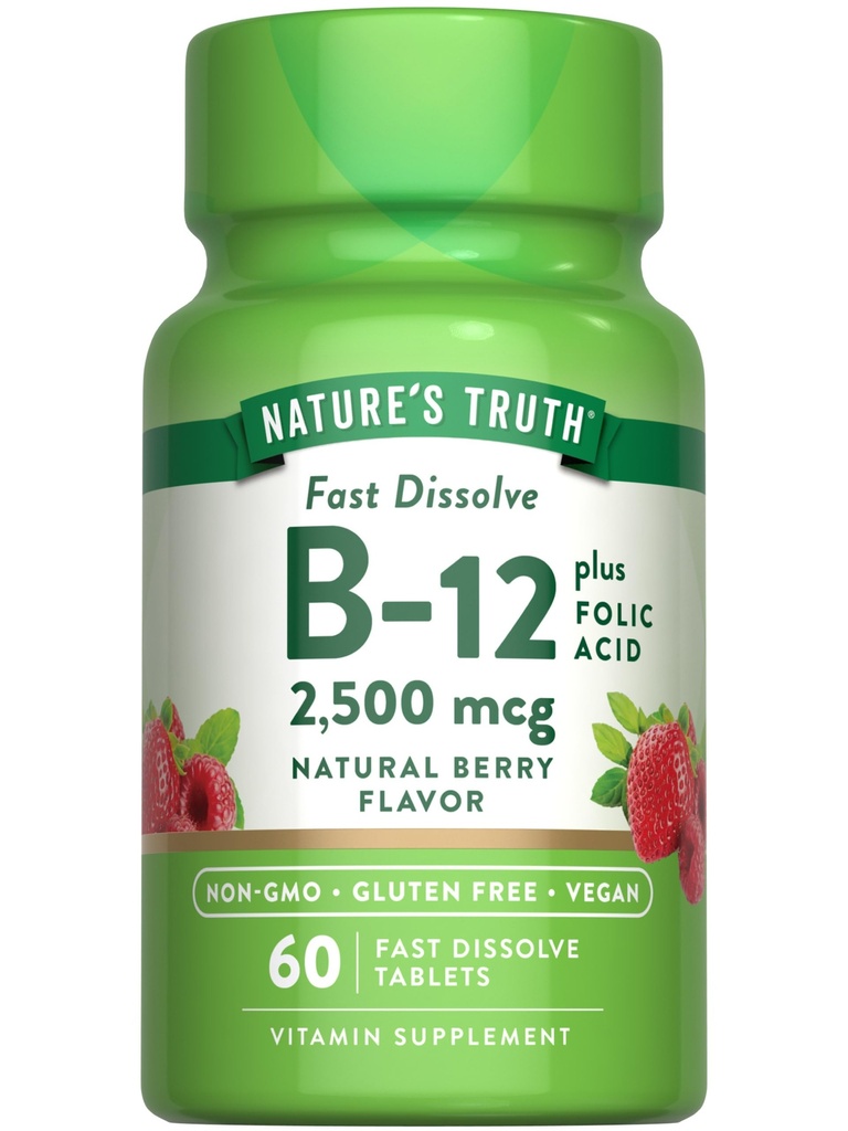 Naturens sannhet B12 Vitamin | 60 Fast Oppløselige tabletter | 2500 mikrog | med folsyre | Vegansk, ikke-GMO & Glutenfri