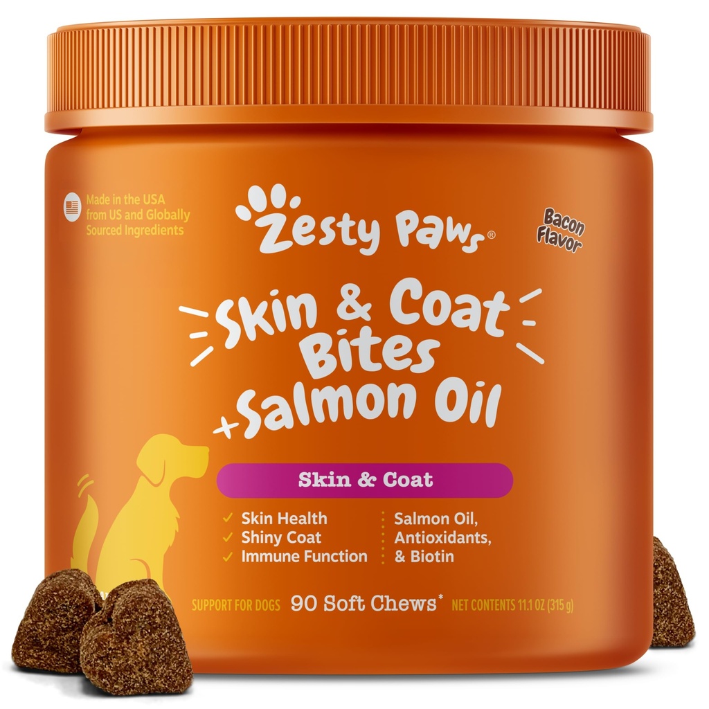 Zesty Paws Omega 3 Fiskeolje for hunder - Zesty Paw Dog vitaminer og kosttilskudd for Hip, Joint & Skin, Bacon (90 Chews)