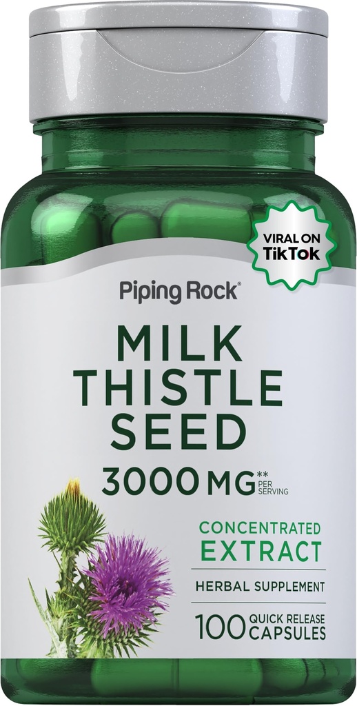Piping Rock Milk Thistle Supplement 3000mg | 100 kapsler | Konsentrert urteekstrakt | Ikke-GMO, Glutenfri