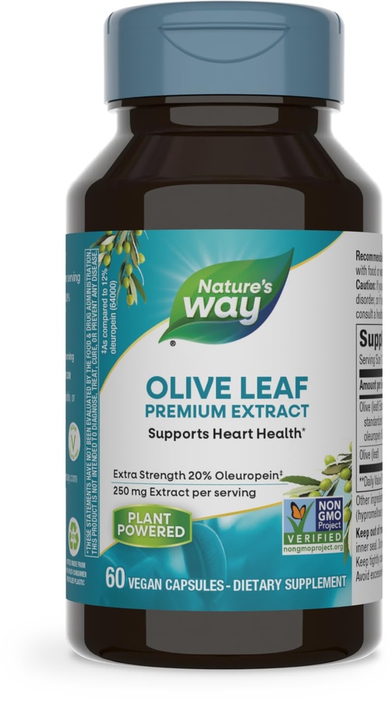 Naturens måte Olive Leaf, Premium Extract, støtter hjertehelse*, 20% Oleuropein, 250 mg per porsjon, ikke-GMO-prosjekt verifisert, 60 Vegankapsler (pakke mai Vary)
