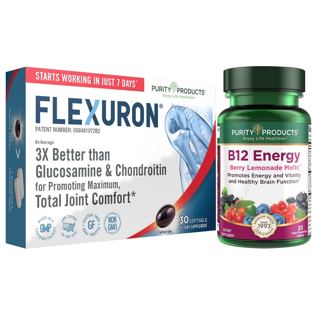 Renhetsprodukter Fleksuron Joint Formula + B-12 Energi Melt Flexuron (Krillolje, lav molekylvekt Hyaluronsyre, Astaxanthin) - B12 Energimelt (Metylkobalamin B12, Vitamin D3, Biotin +Mere)